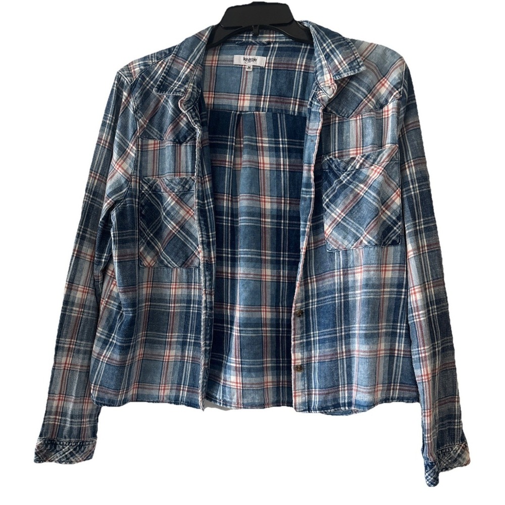 Kensie Jeans Button Down Shirt Women's Blue Plaid Excellent Western Top Size Med